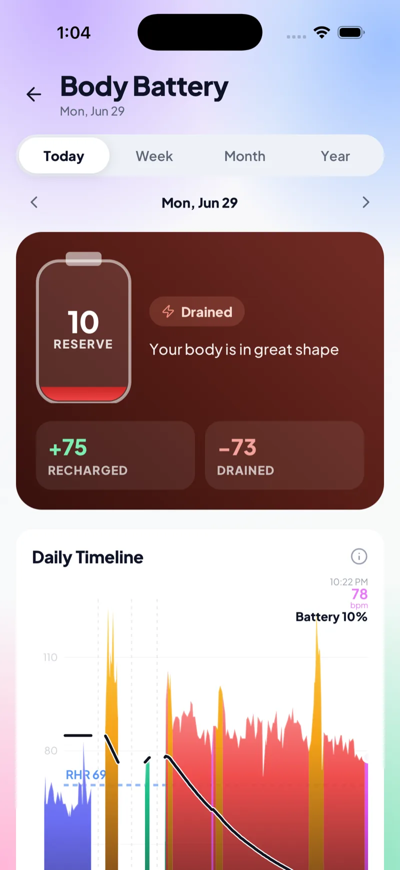 Body Battery screen showing 10% reserve with recharged and drained breakdown