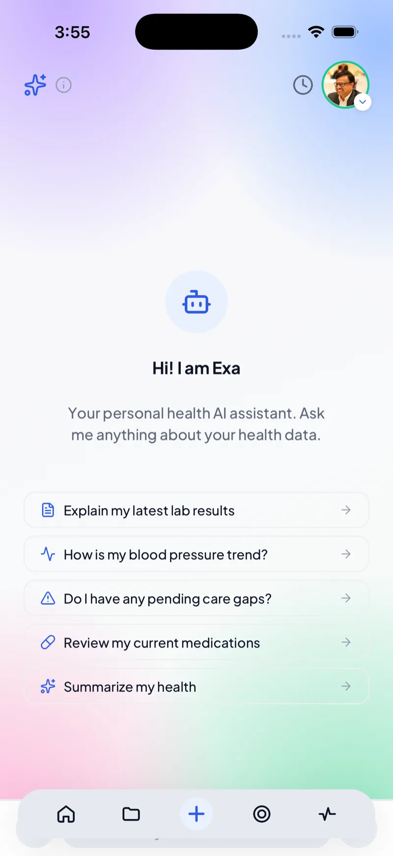 Ask Exa welcome screen — “Hi! I am Exa, your personal health AI assistant” with suggested questions