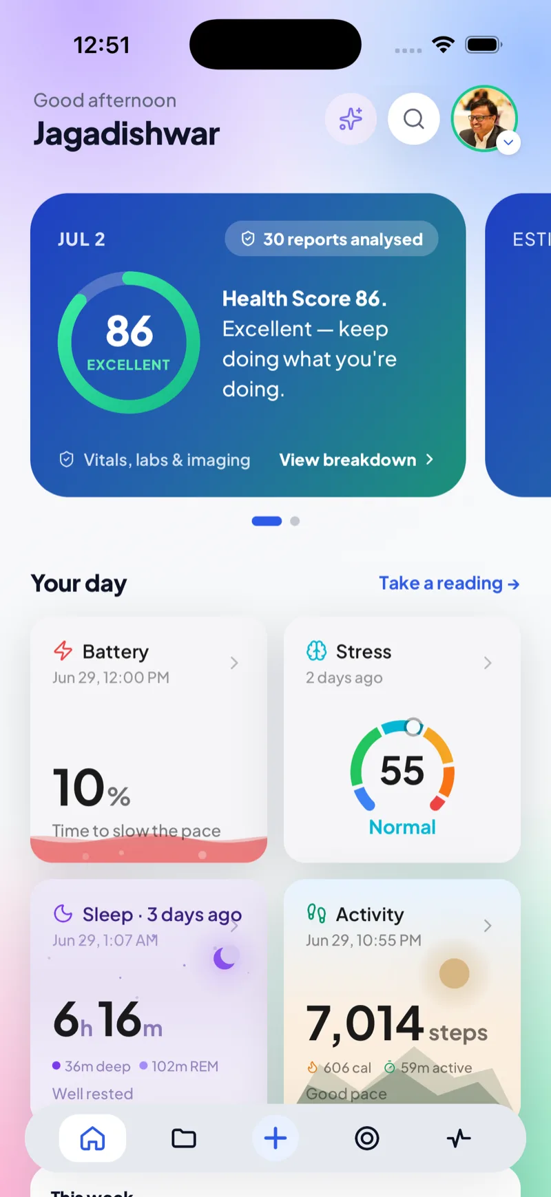 ExaHealth home screen showing Health Score 86 with battery, stress, sleep and activity cards