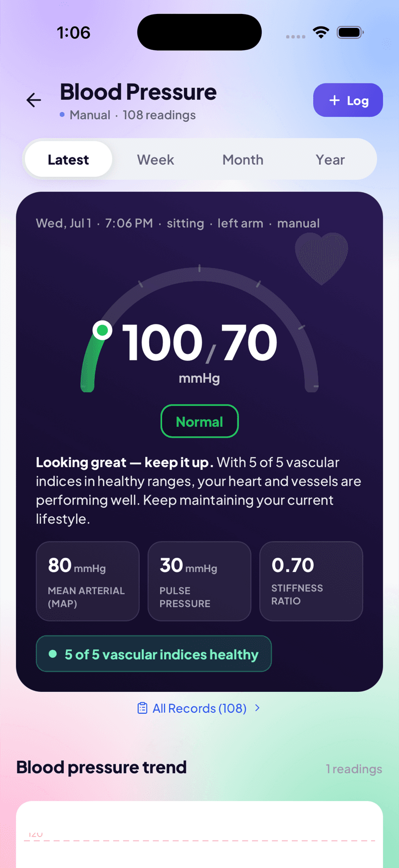 Blood pressure on the mobile app — 100/70 with MAP, pulse pressure and stiffness ratio