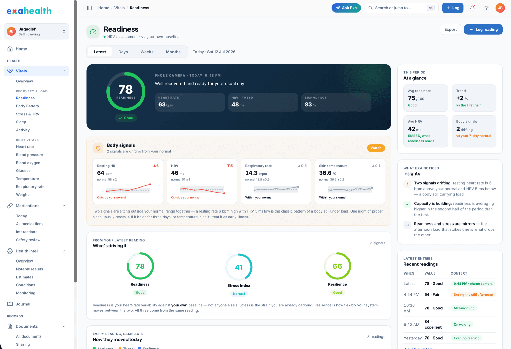 The Readiness page on the web app — score 78 from a phone-camera reading, body signals vs your 7-day normal, and what is driving it