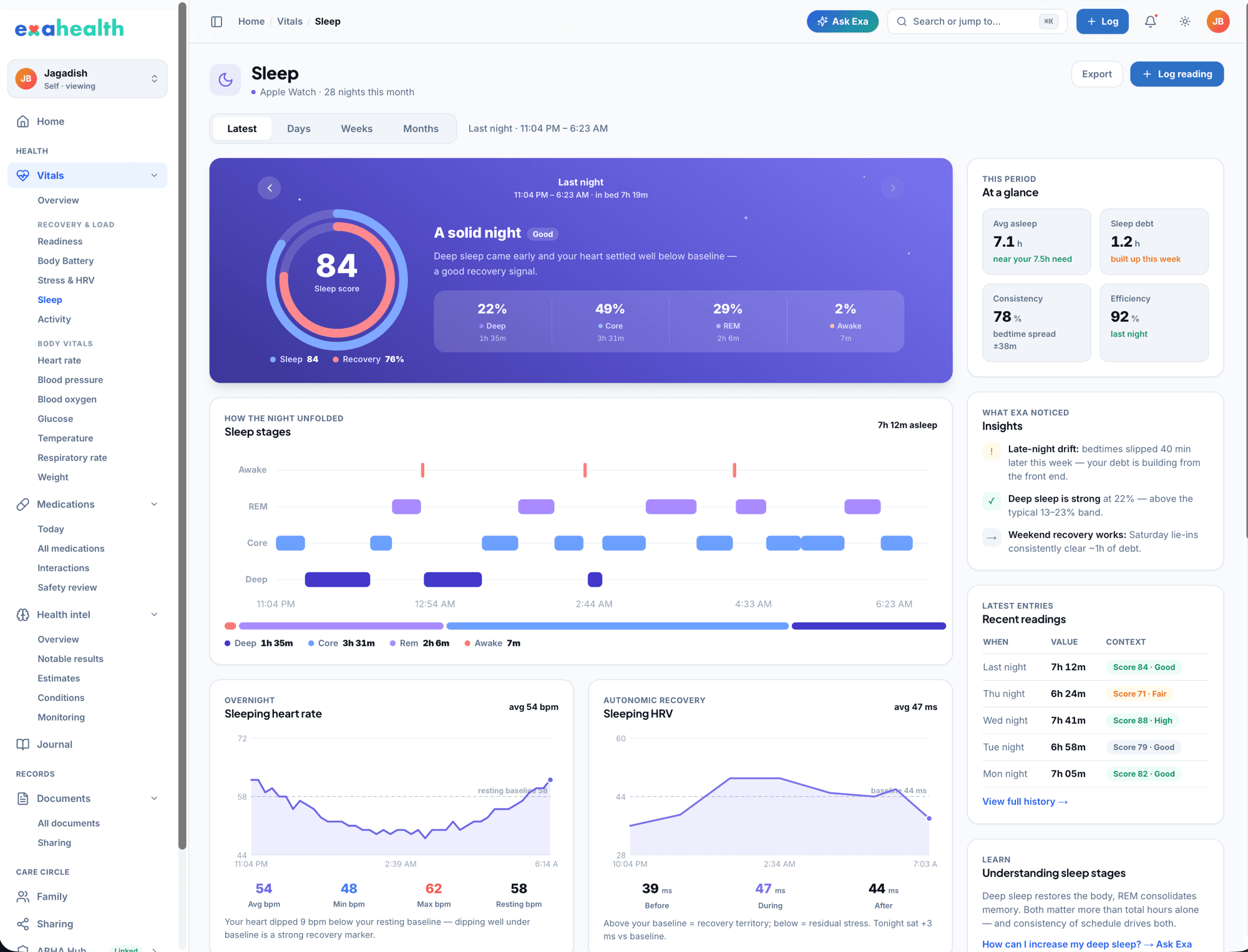 The Sleep page on the web app — score 84 with sleep stages, sleeping heart rate and HRV, sleep debt and what Exa noticed