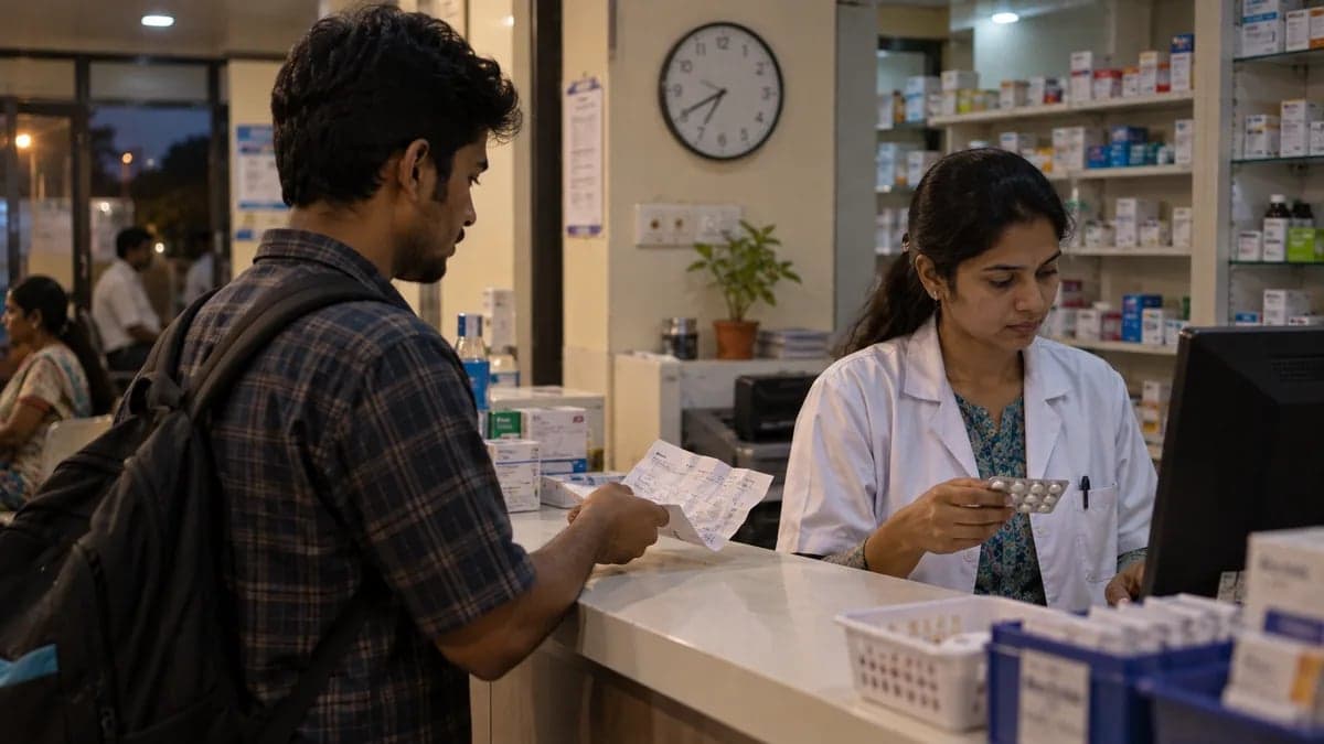 A young pharmacist at a clinic pharmacy counter checking an old prescription before billing
