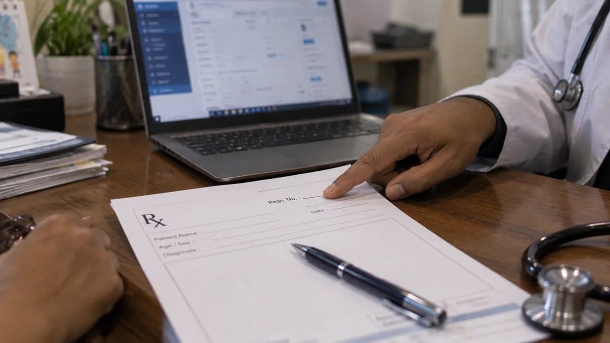 A doctor checking the header of a printed prescription for a missing registration number