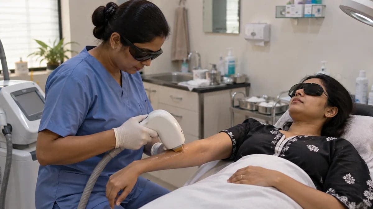 Laser hair reduction session in a dermatology clinic procedure room