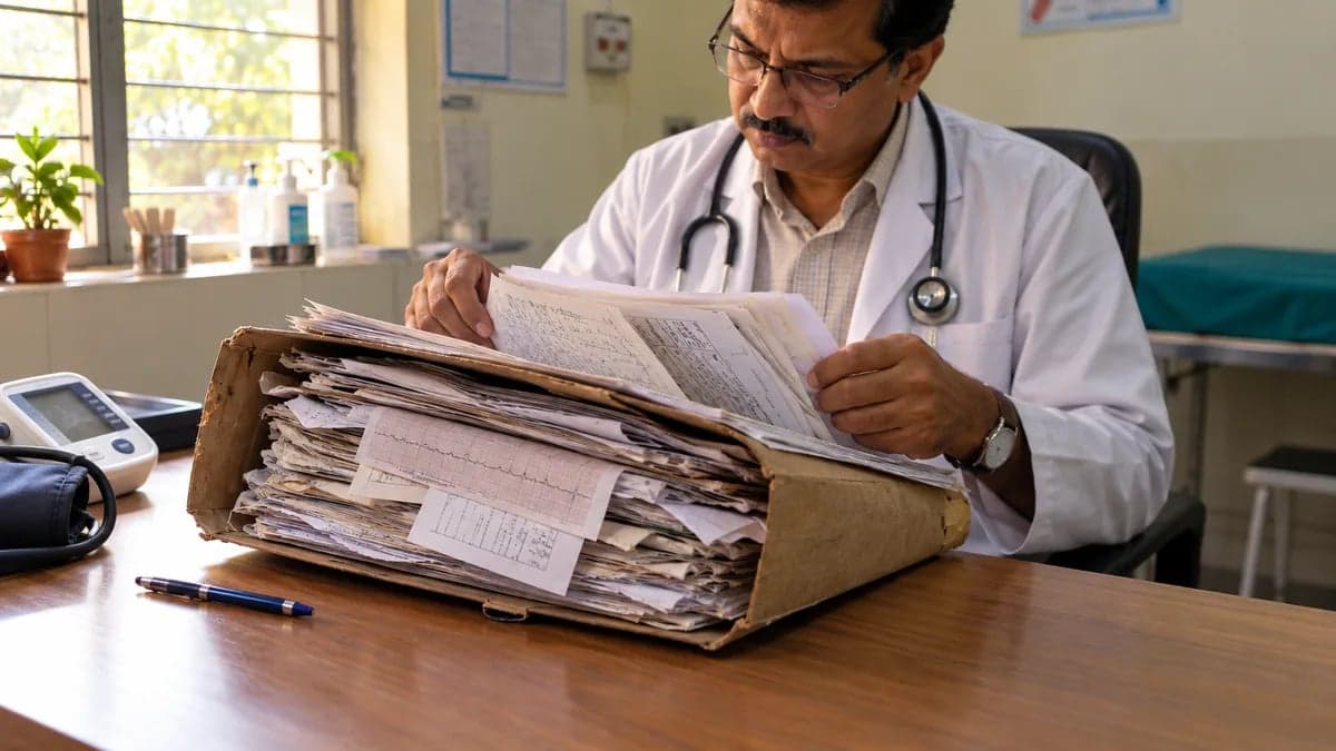 A thick paper patient file holding years of prescriptions and lab reports on a doctor’s desk