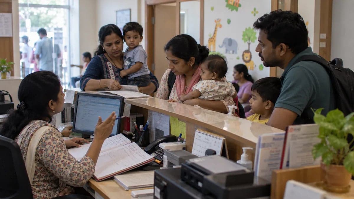 Three families arriving at a paediatric clinic reception for the same appointment time