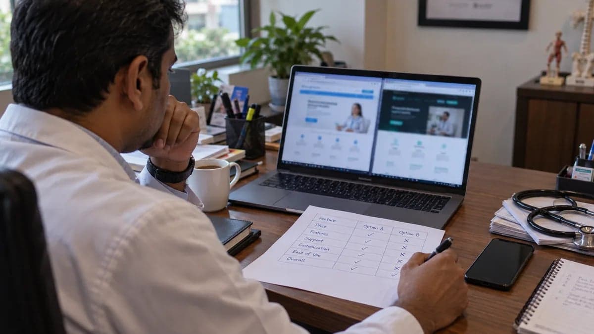 A clinic owner comparing two clinic software websites side by side while making notes