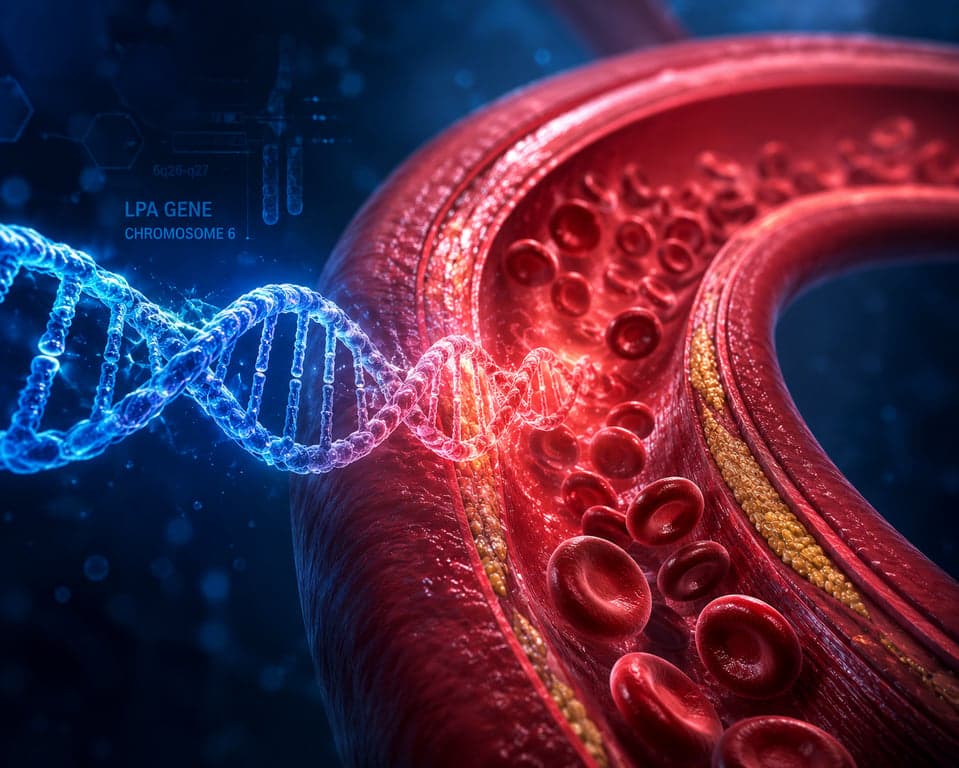 3D medical illustration showing a DNA strand within a blood vessel, representing the inherited cardiovascular risk of high Lipoprotein(a).