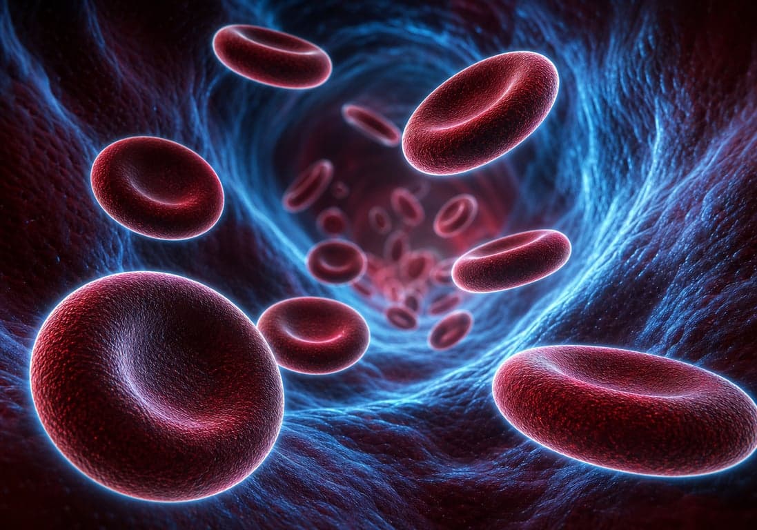 3D microscopic render of red blood cells, illustrating how the Omega-3 Index measures EPA and DHA within cell membranes.