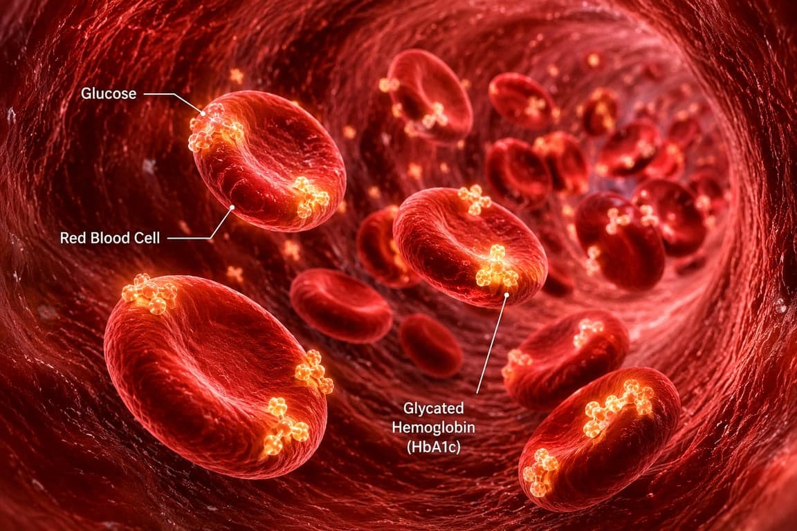 3D medical illustration of glucose attaching to red blood cells, representing how the HbA1c test measures average blood sugar over 90 days.