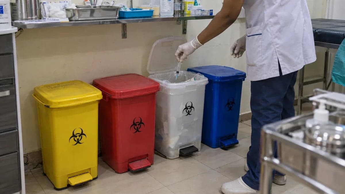 Four colour-coded biomedical waste bins, yellow, red, white and blue, in a small clinic's dressing area