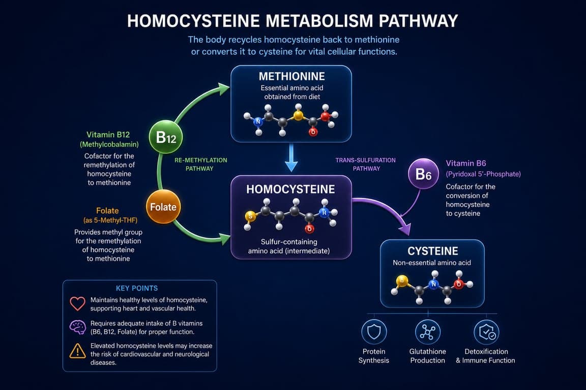 3D representation of an amino acid molecule, illustrating the biological pathway that homocysteine follows when being processed by B-vitamins.