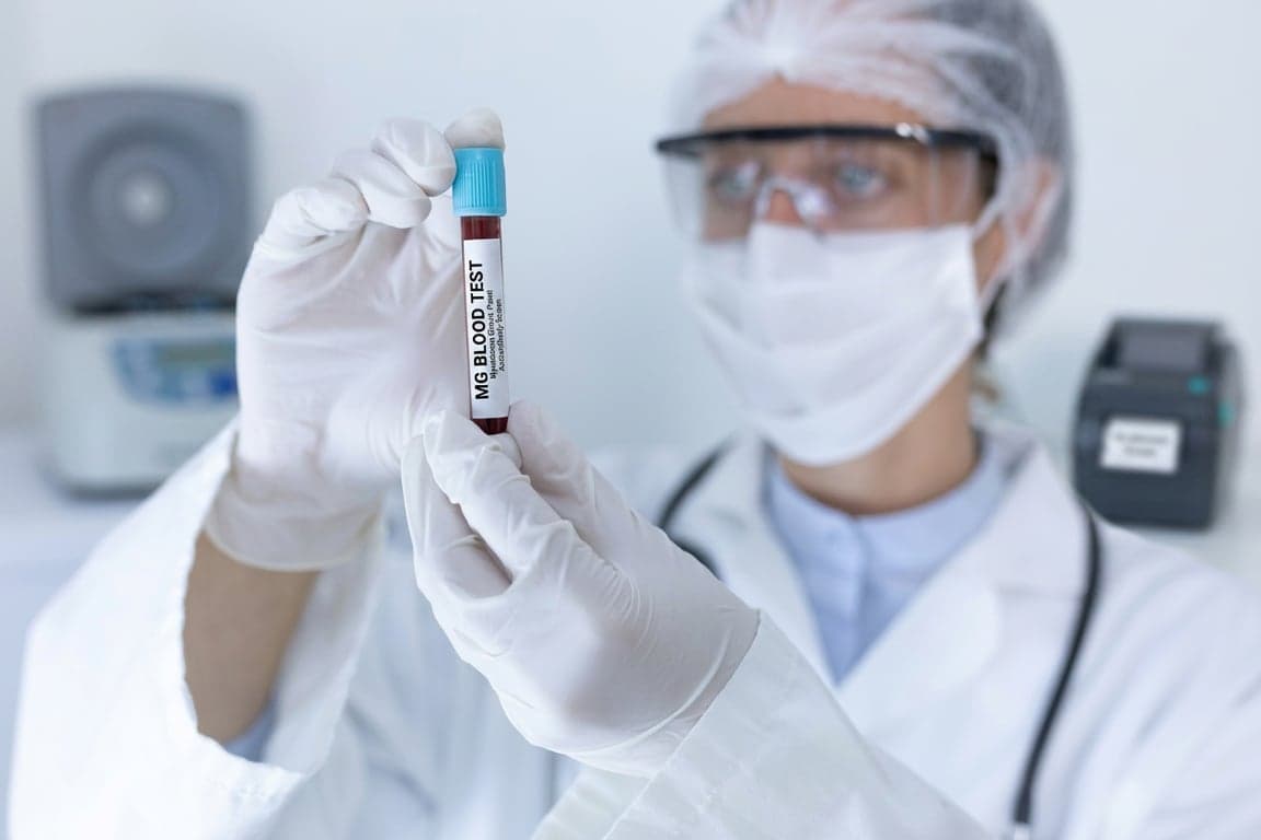 A close-up of a laboratory blood sample vial used for a magnesium blood test to check serum magnesium levels and electrolyte balance.