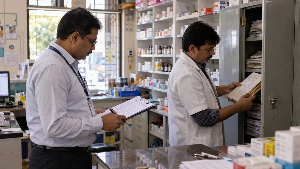 A drug inspector asking for the Schedule H1 register at a family clinic's dispensing counter