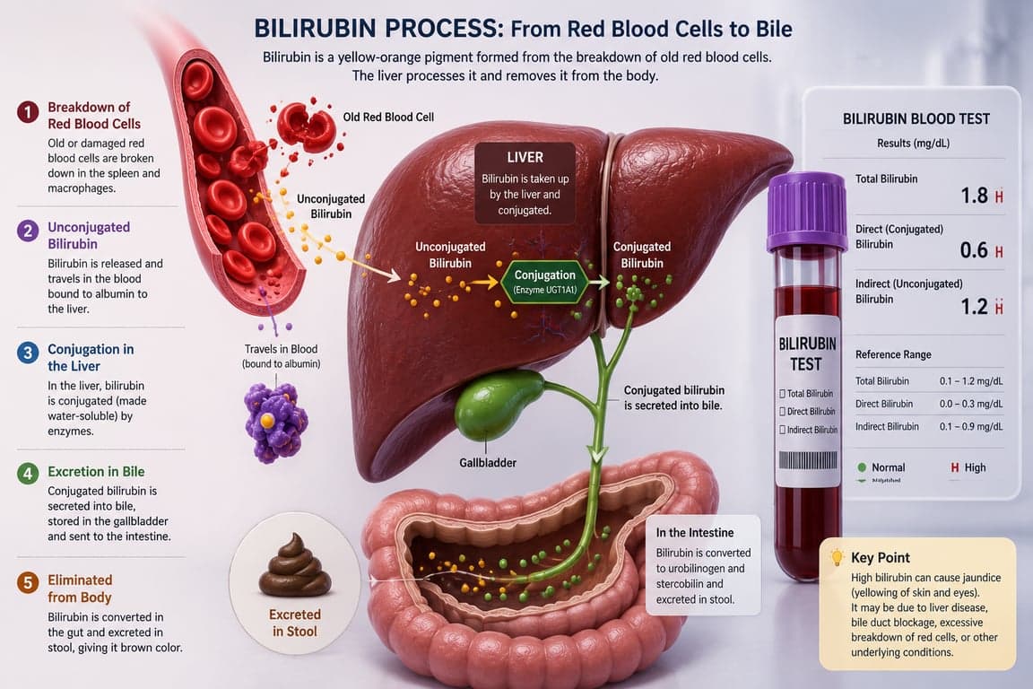 Illustration of a liver processing bilirubin from red blood cell breakdown with a blood test tube
