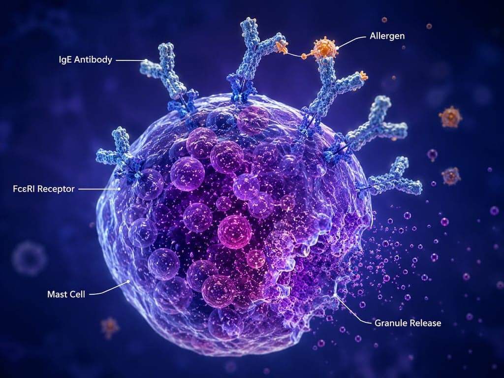 3D medical illustration of IgE antibodies on a mast cell, illustrating the immune mechanism behind allergic reactions.