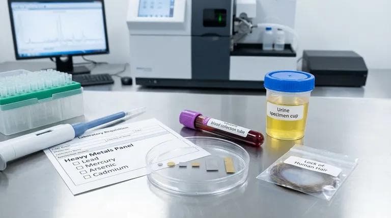 Heavy metals panel with blood and urine samples for cadmium, lead, arsenic, and mercury testing.