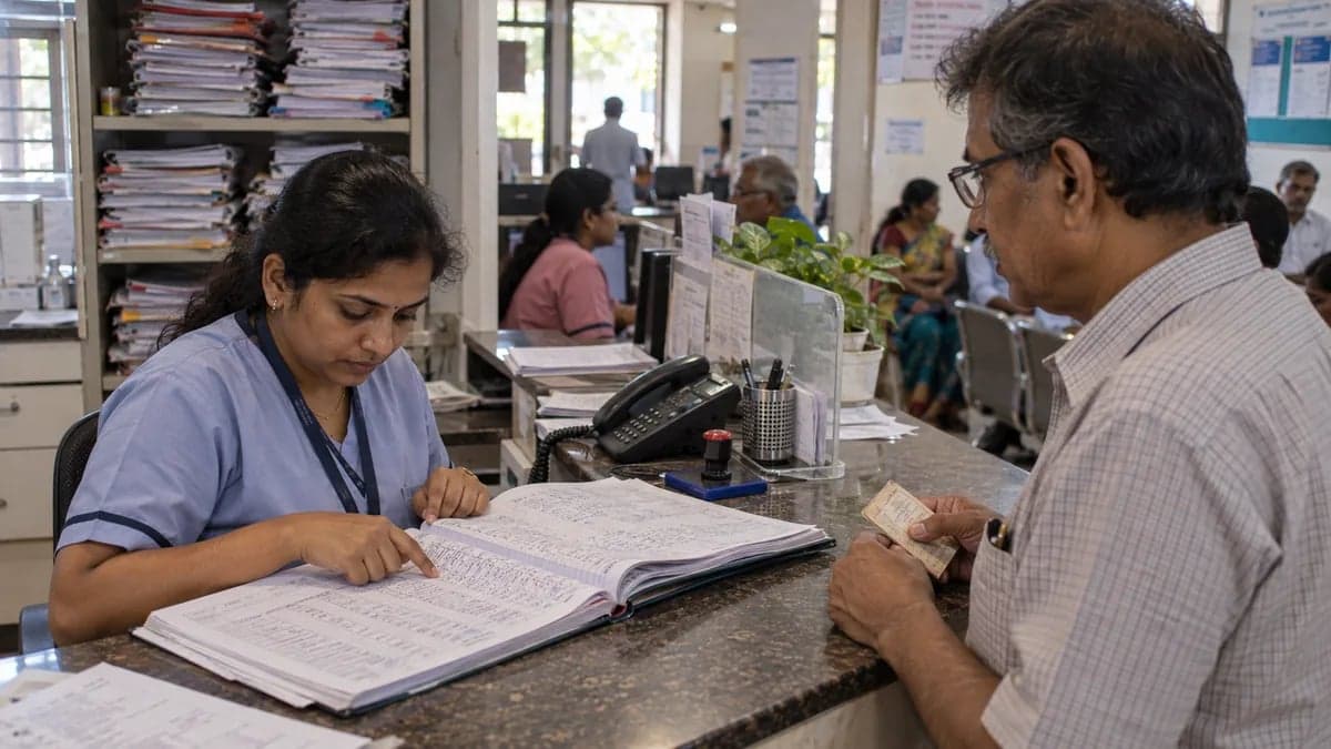 Clinic receptionist searching a paper register for a returning patient's record