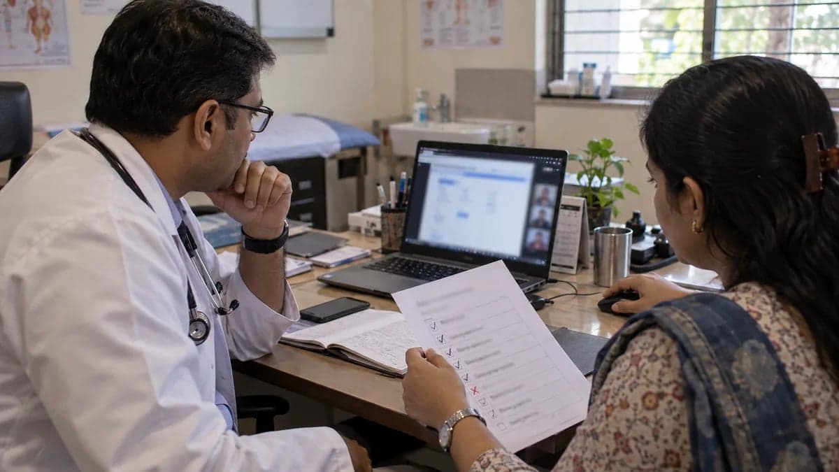 A doctor and clinic manager working through a printed checklist during a software demo