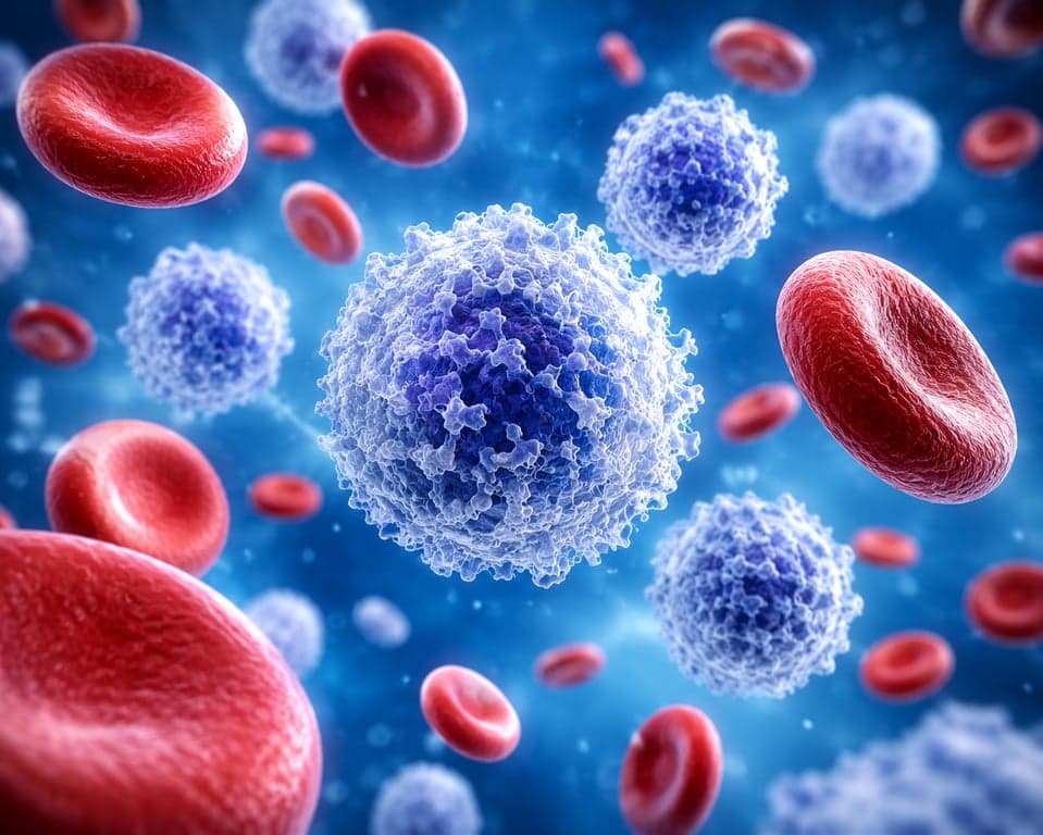 3D microscopic view of lymphocytes and white blood cells, the core components of the body's immune system.