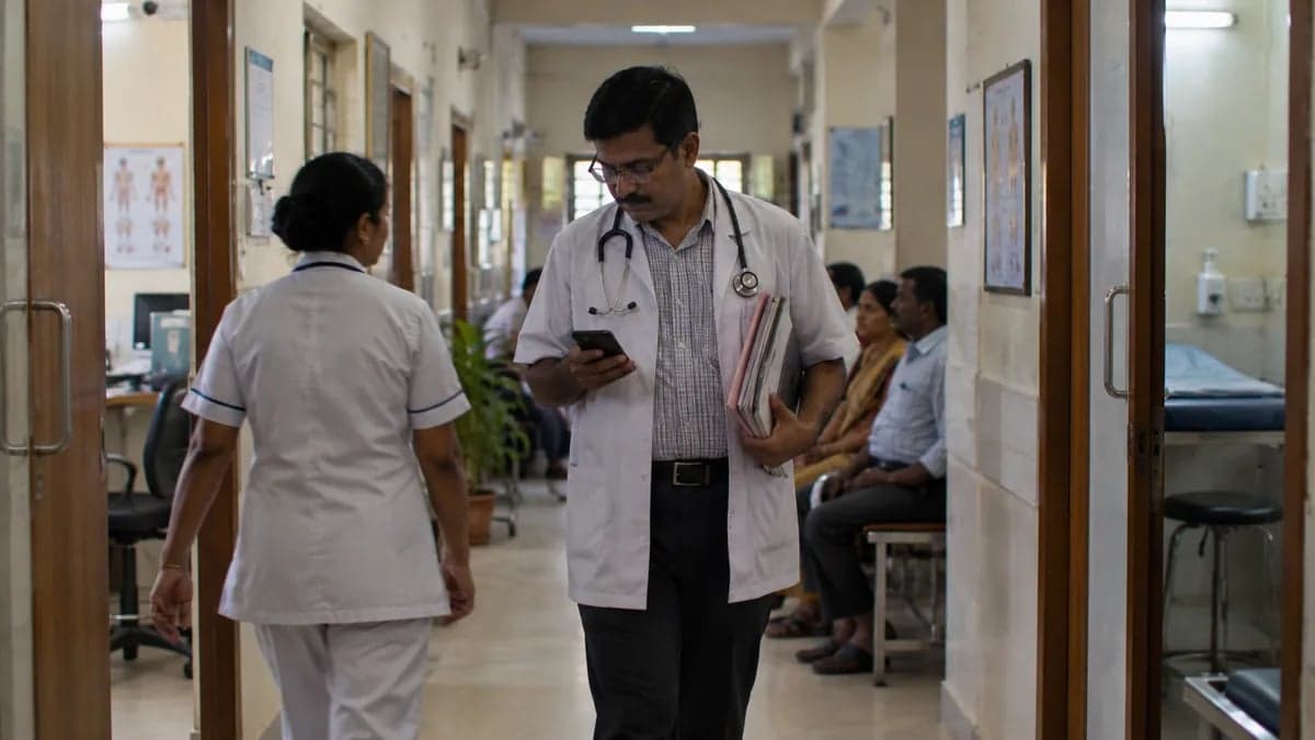 A doctor checking his phone in the corridor between patients
