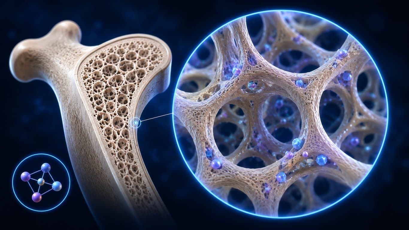 3D microscopic render of healthy bone tissue, illustrating the role of phosphorus and calcium in skeletal strength.