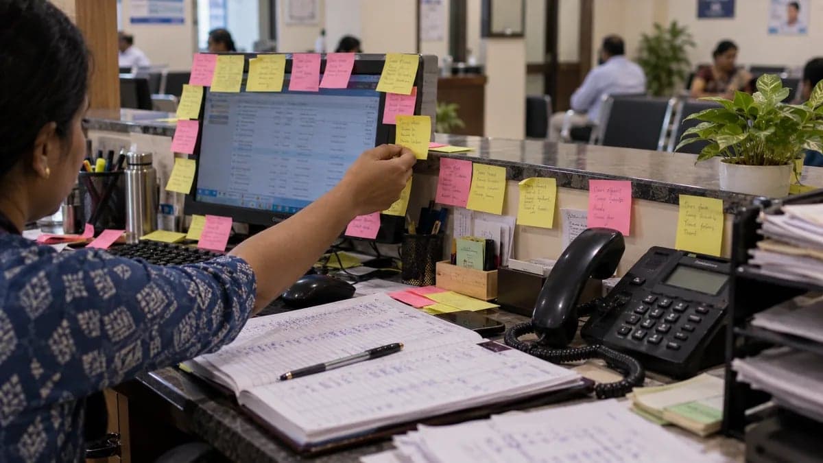 A clinic front desk covered in handwritten sticky-note reminders for patient follow-ups