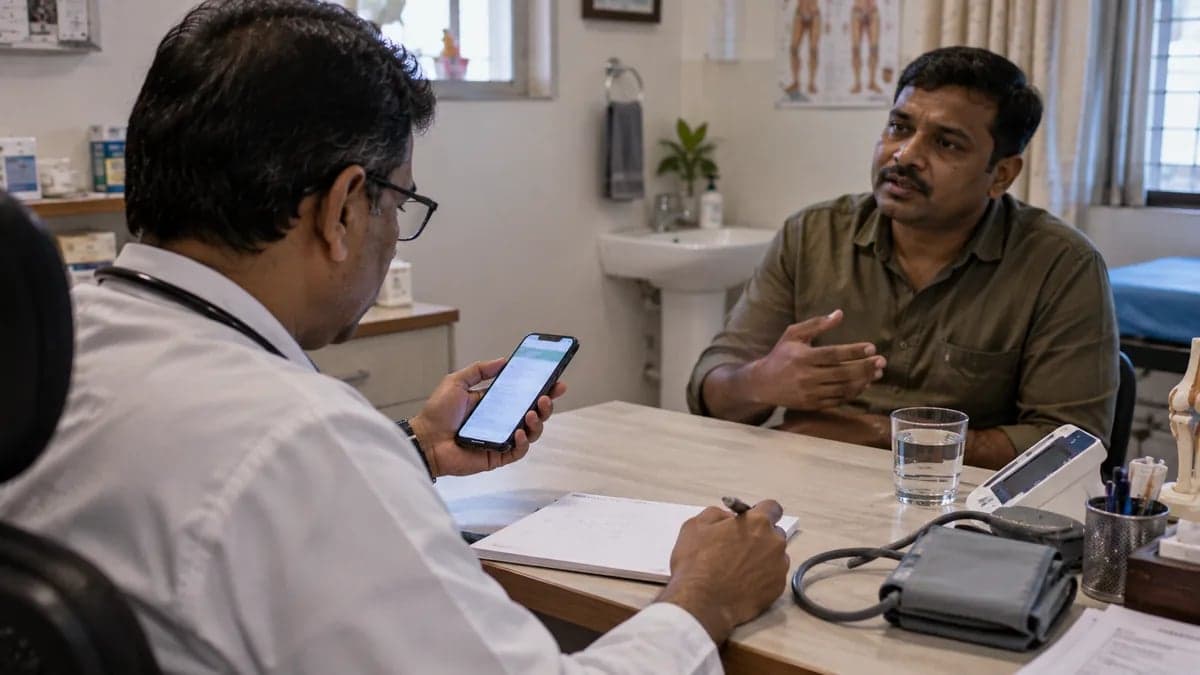 A doctor checking something on a phone app in the middle of a consultation