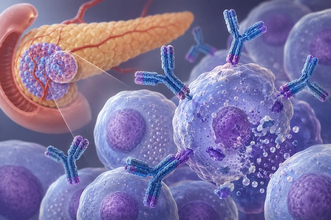 Illustration of immune antibodies attacking insulin-producing beta cells in the pancreas, representing a GAD65 antibody blood test for autoimmune diabetes