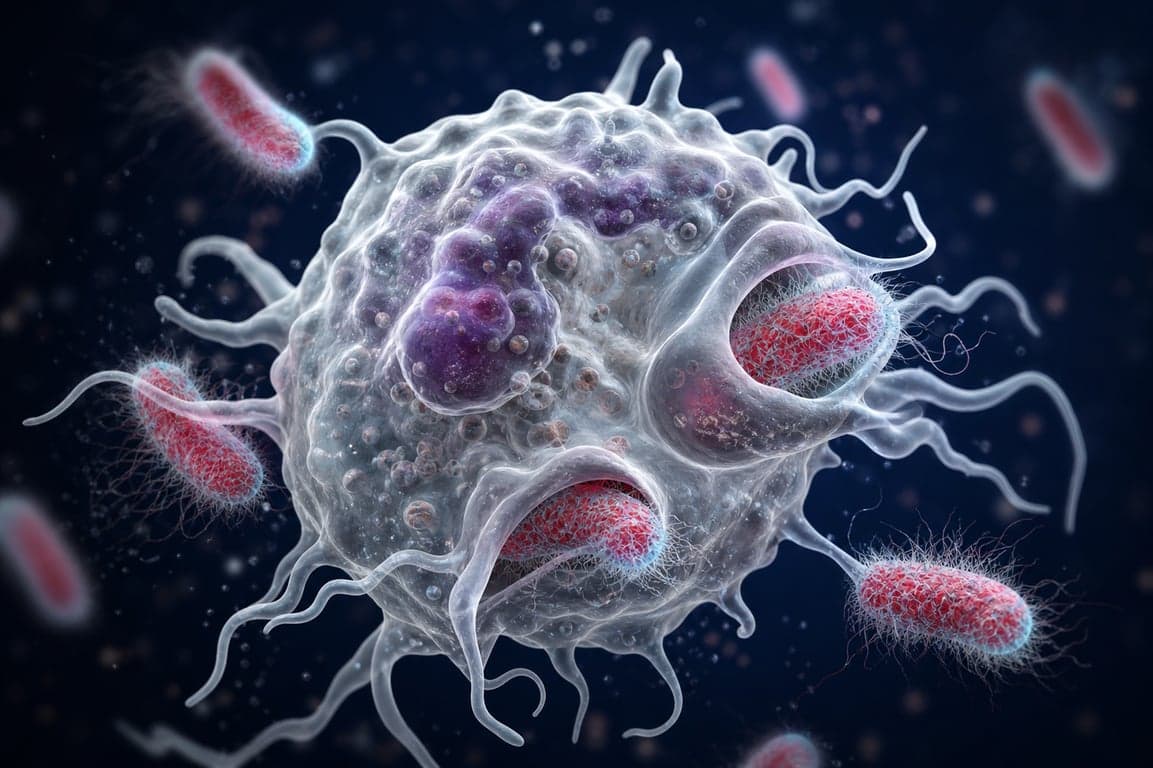 3D microscopic render of a neutrophil white blood cell fighting bacteria, representing the body's first line of immune defense.