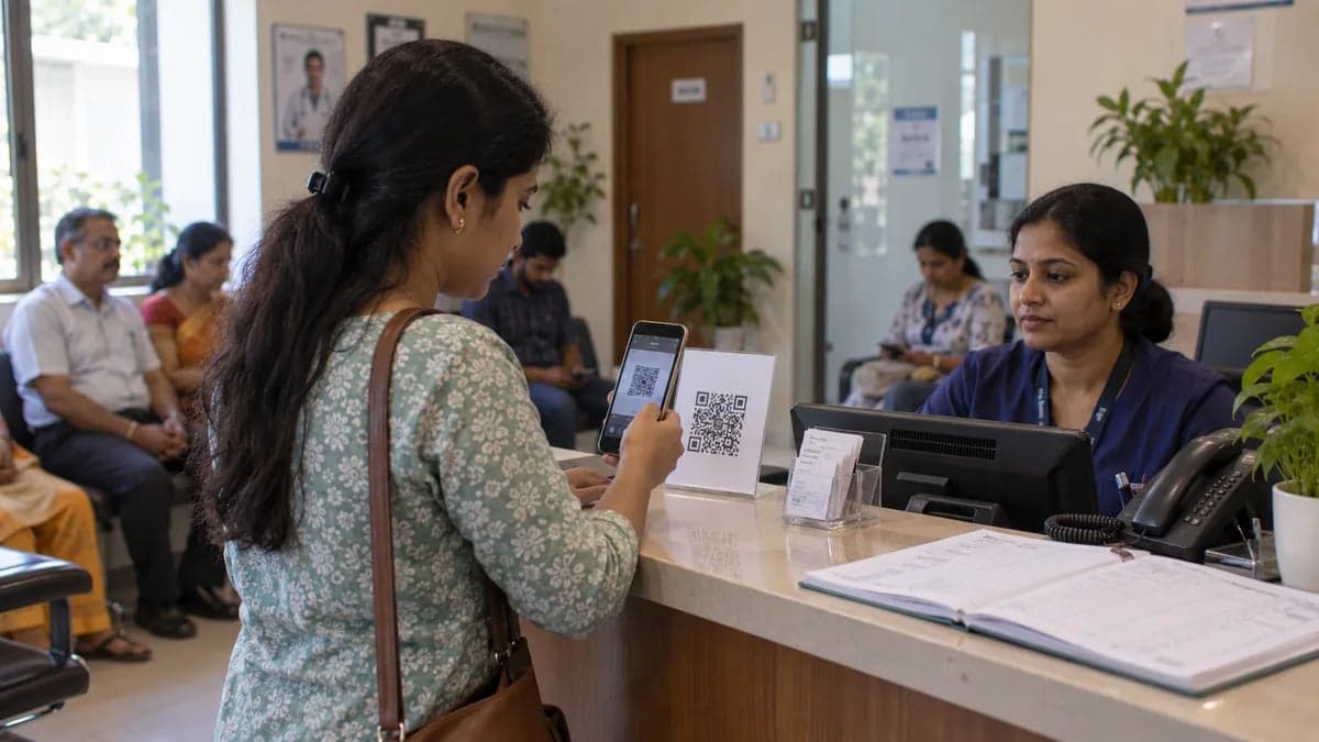 A patient scanning the clinic's QR code standee at the front desk to share her health ID