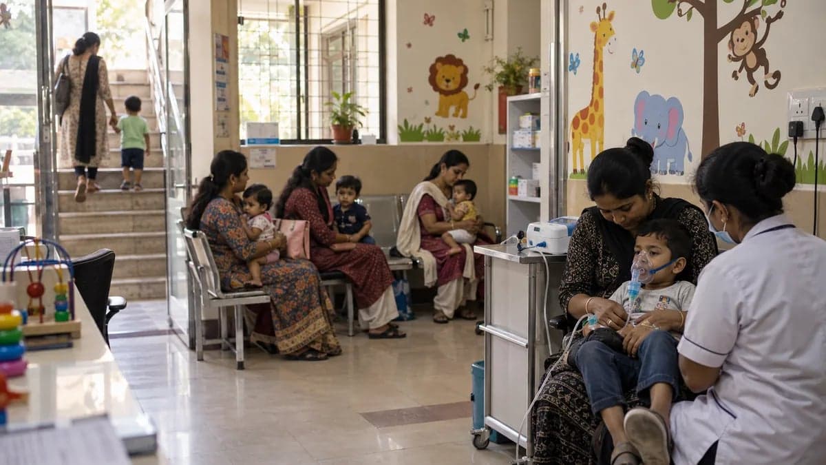 Waiting area of a small paediatric clinic with parents, toddlers and a nebuliser corner