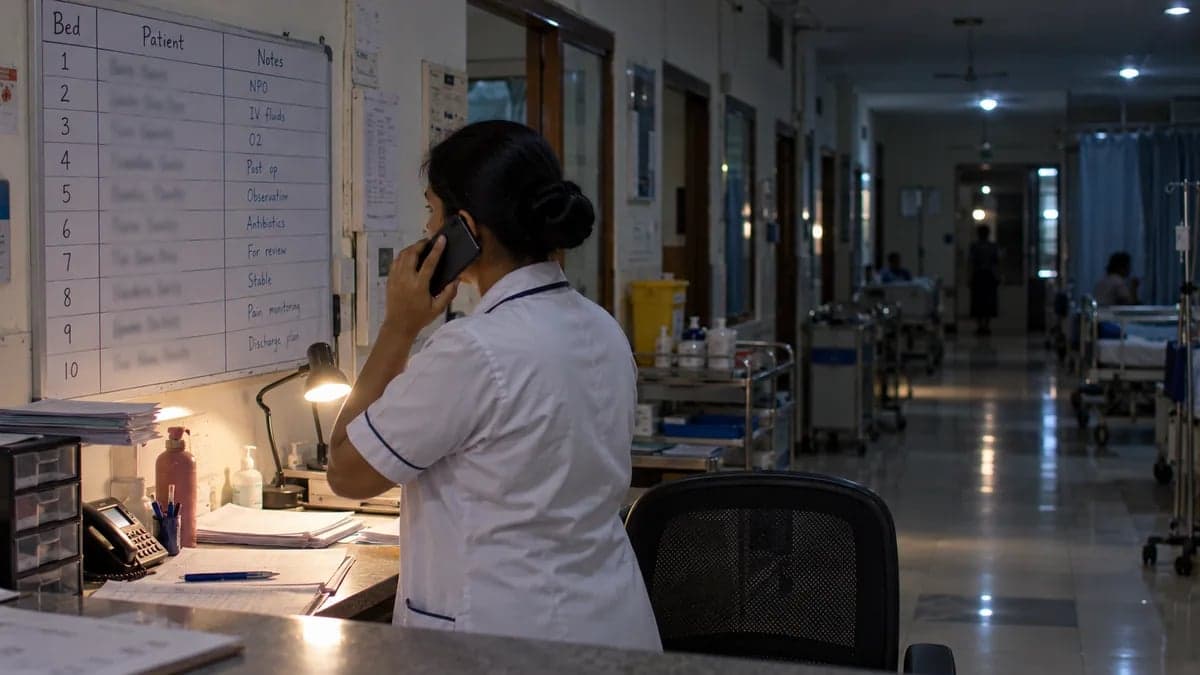 A night nurse checking the bed board while calling to confirm whether a bed is free