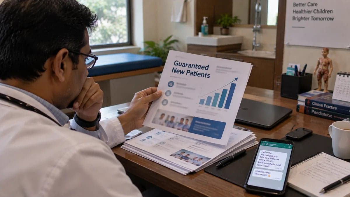 A doctor reading a marketing agency's proposal with bold promises about new patients