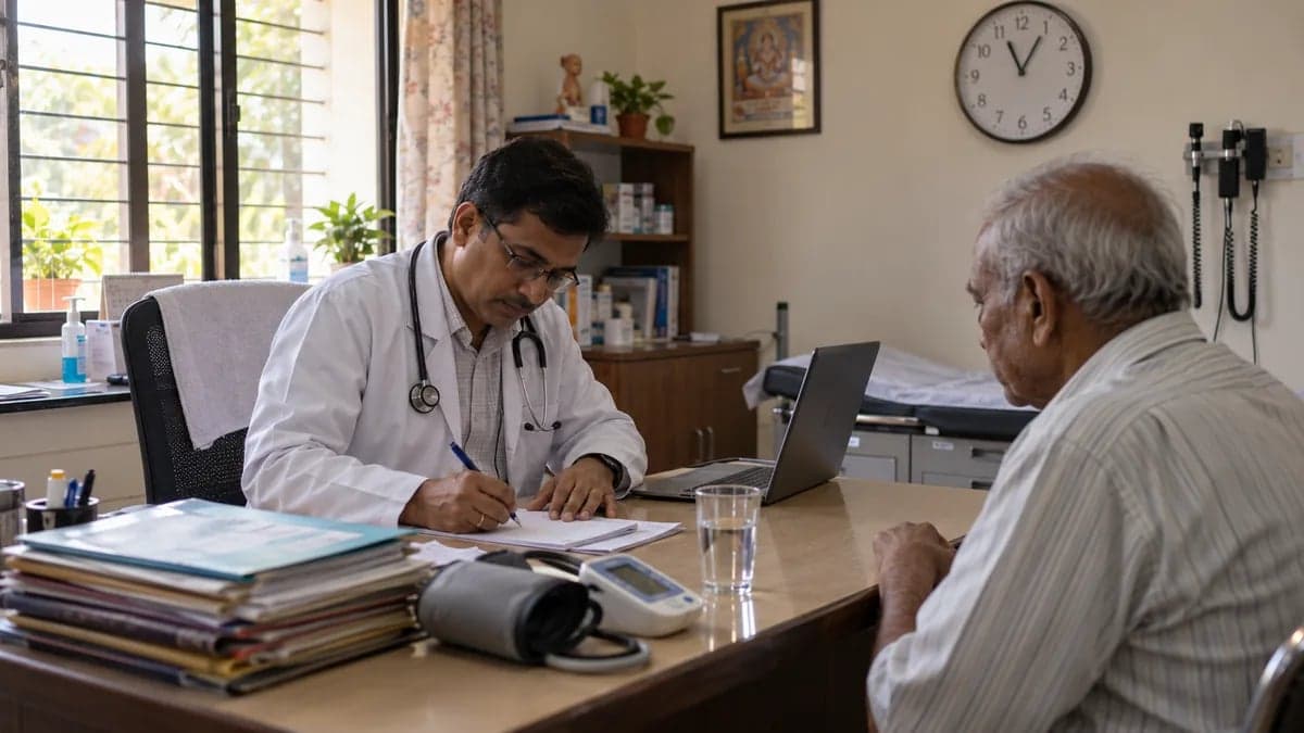 A general physician writing on a paper prescription pad next to an unused laptop during a busy OPD