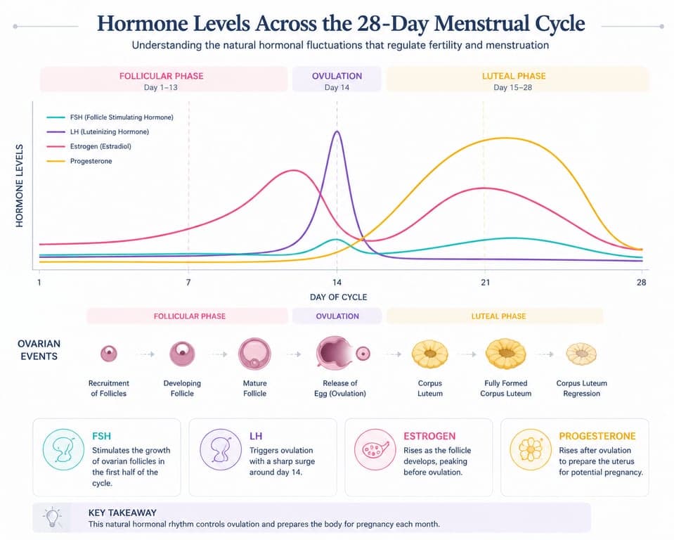 A graph showing the delicate symphony of FSH, LH, estrogen, and progesterone throughout a 28-day menstrual cycle.