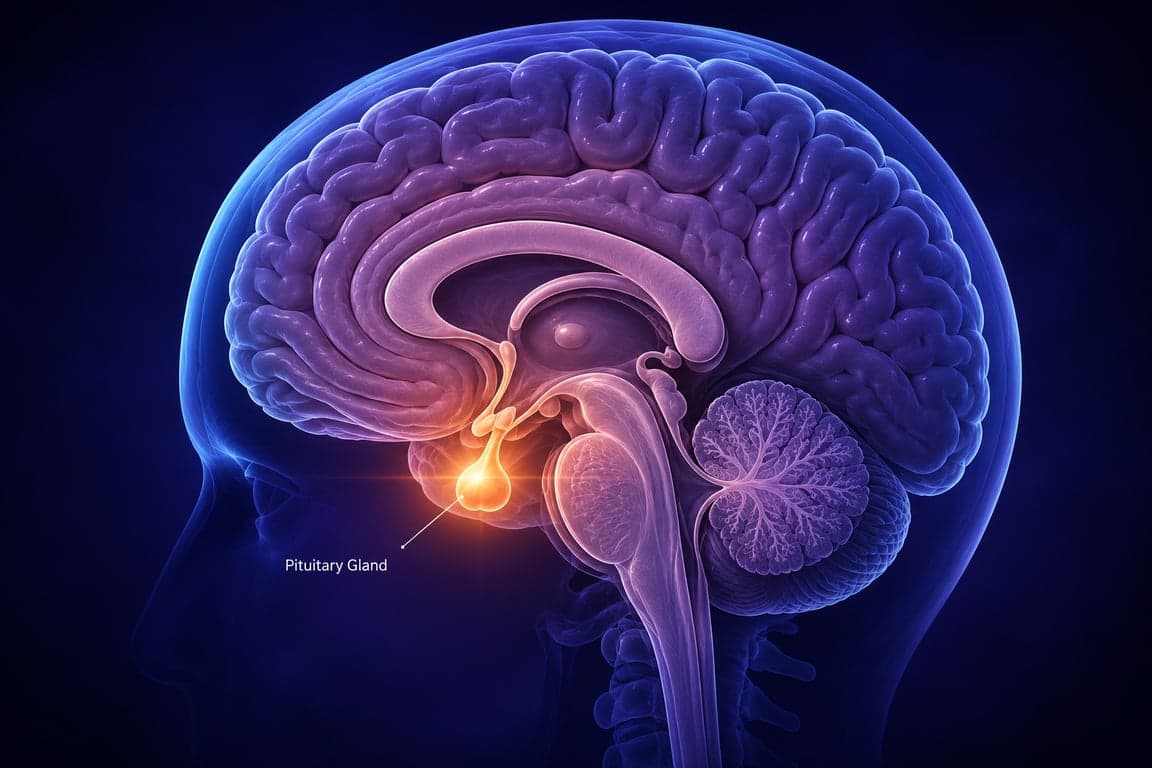 D medical illustration of the pituitary gland in the brain, which produces the hormone prolactin.