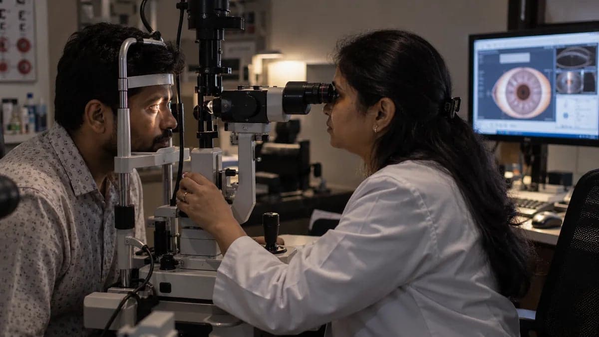 An ophthalmologist examining a patient at the slit lamp, with an eye-diagram screen beside the instrument