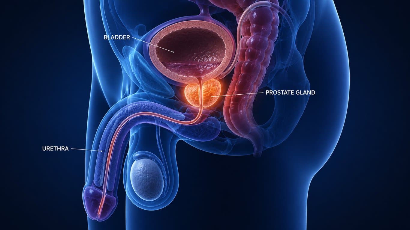 3D medical illustration of the male prostate gland, which produces the Prostate-Specific Antigen (PSA) protein.
