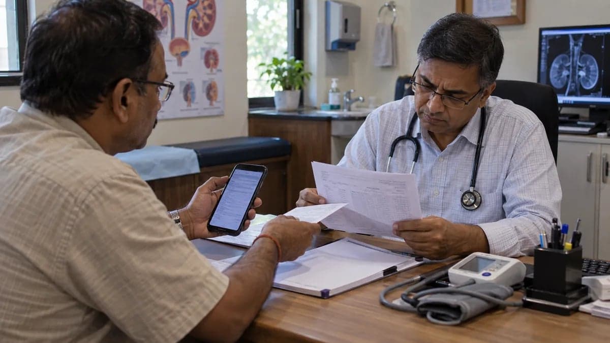 A patient arriving at a specialist with a printout and a PDF on his phone instead of a shared record