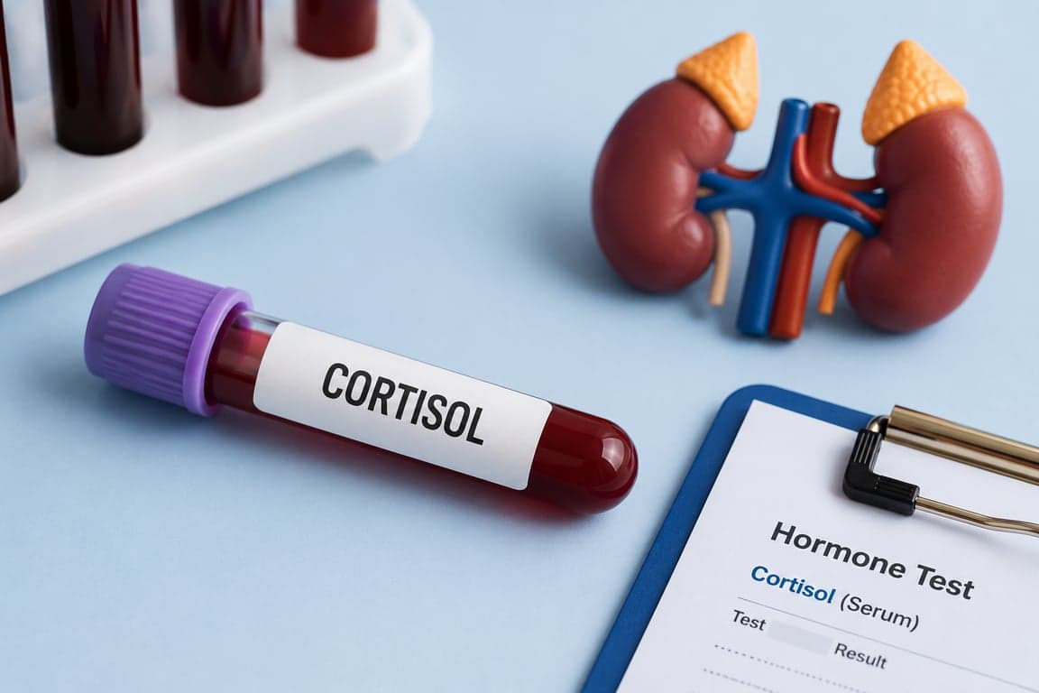 Cortisol blood test showing a blood sample tube with adrenal glands representing the body's stress hormone.