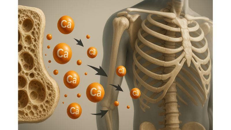 Illustration of calcium (Ca) supporting bone health and skeletal strength