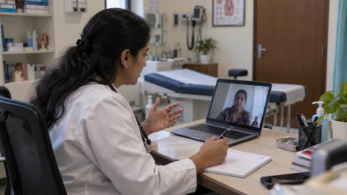 A doctor holding a video consultation from her clinic room