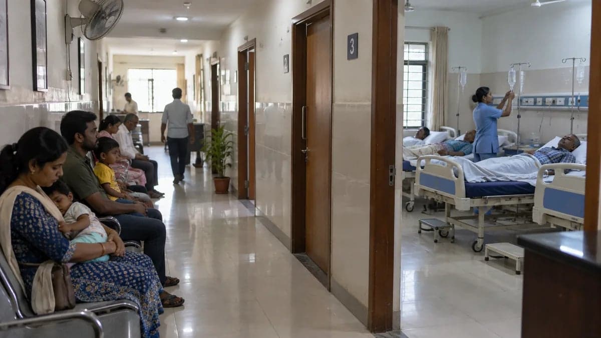 A small nursing home corridor where the outpatient waiting area sits next to an inpatient ward with beds