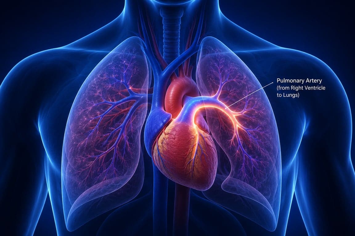 3D medical illustration of the heart and lungs, highlighting the pulmonary artery where systolic pressure (PASP) is estimated.