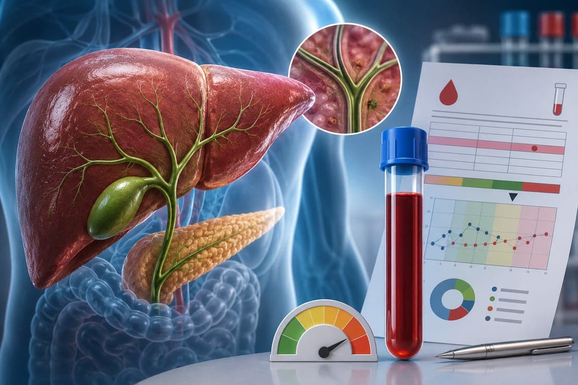 Illustration of a human liver and bile ducts with a GGT blood test report and reference range chart