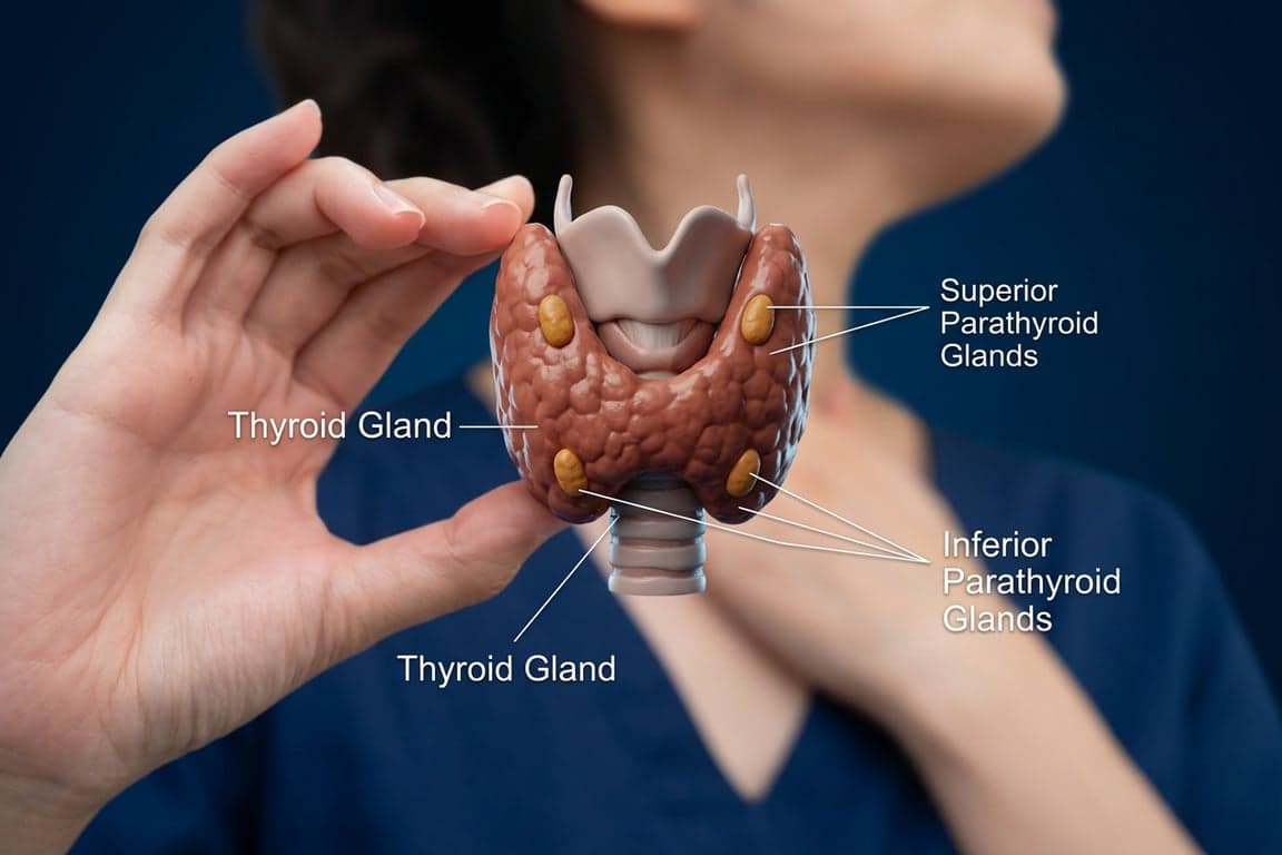 3D medical illustration of the parathyroid glands in the neck, which produce the hormone that regulates blood calcium.