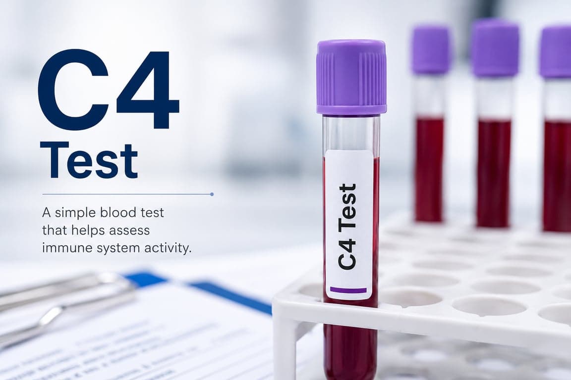 Complement C4 blood test tube showing immune system complement protein test used to diagnose lupus, hereditary angioedema, autoimmune diseases, and kidney disorders.