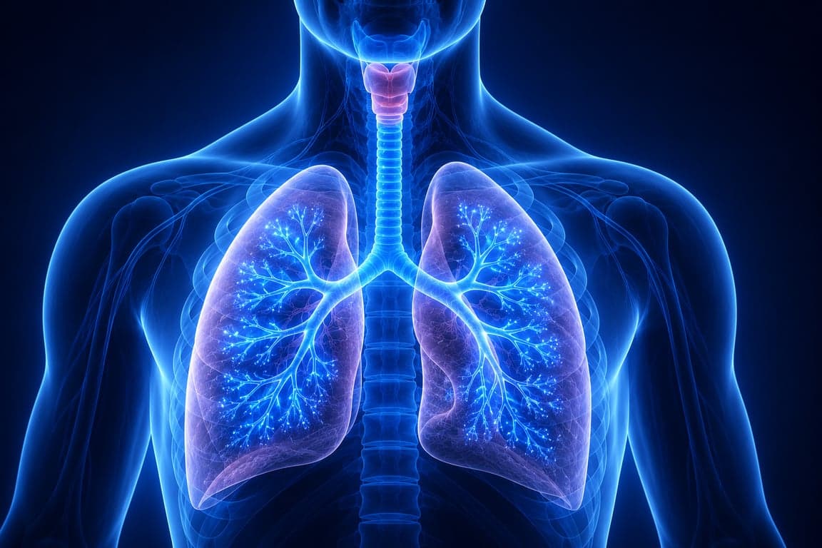 3D medical illustration of the human lungs and respiratory system, highlighting where oxygen and carbon dioxide are exchanged.